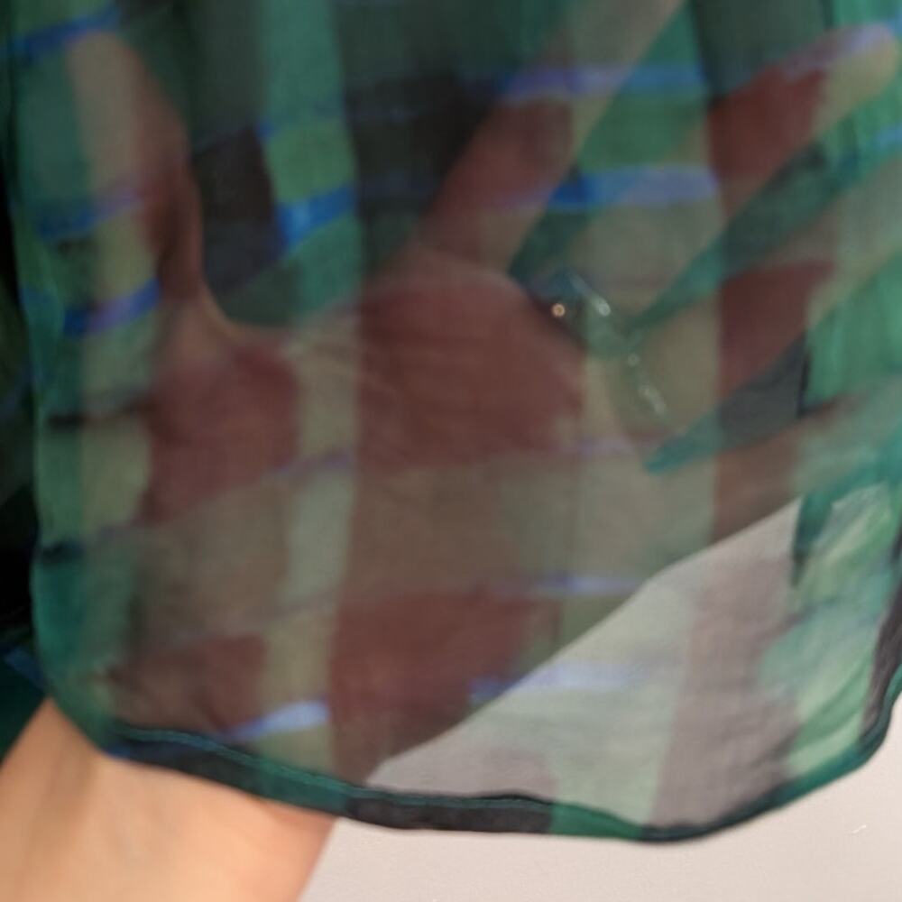 100% Silk Equipment Femme Sheer Green Blue Black Plaid Blouse | Size S - Picture 6 of 9